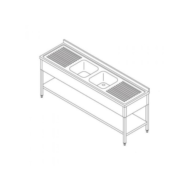 Λάντζα Πλυντηρίου πιάτων με δύο νεροχύτες με πλάτη και ράφι 210x70cm MAX-09394091