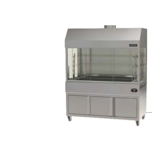 Επιδαπέδια ψησταριά κάρβουνου με σούβλες ένα ατέρμονα και χοάνη και τρείς πλευρές τζάμια ΙΝΟΧ πίσω VKN-LGHG3 180χ61χ200 εκ