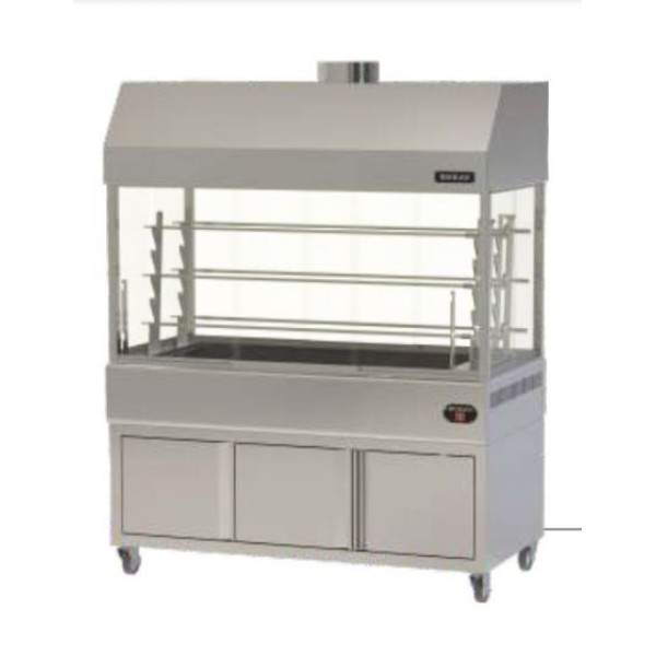 Επιδαπέδια ψησταριά κάρβουνου με σούβλες ένα ατέρμονα και χοάνη και τεσσερις πλευρές τζάμια VKN-LGHGD3 180χ61χ200 εκ