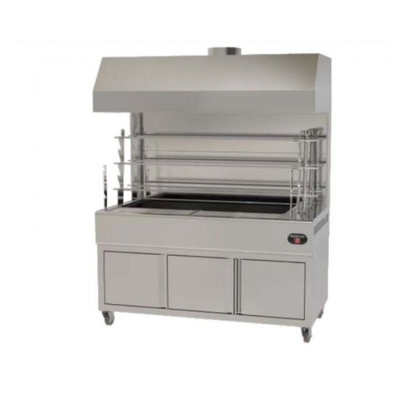 Επαγγελματική ανοξείδωτη επιδαπέδια ψησταριά κάρβουνου με σούβλες ένα ατέρμονα και χοάνη VKN-LGH3 160χ61χ200 εκ