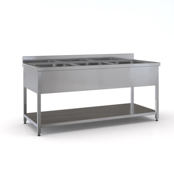 Επαγγελματική ανοξείδωτη λάντζα ανοιχτή 240χ70χ87 εκ με 3 γούρνες 50χ50χ30 ID-LANA240.3