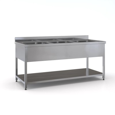 Επαγγελματική ανοξείδωτη λάντζα ανοιχτή 220χ70χ87 εκ με 3 γούρνες 50χ50χ30 ID-LANA220.3