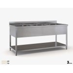 Επαγγελματική ανοξείδωτη λάντζα ανοιχτή 220χ70χ87 εκ με 3 γούρνες 50χ50χ30 ID-LANA220.3